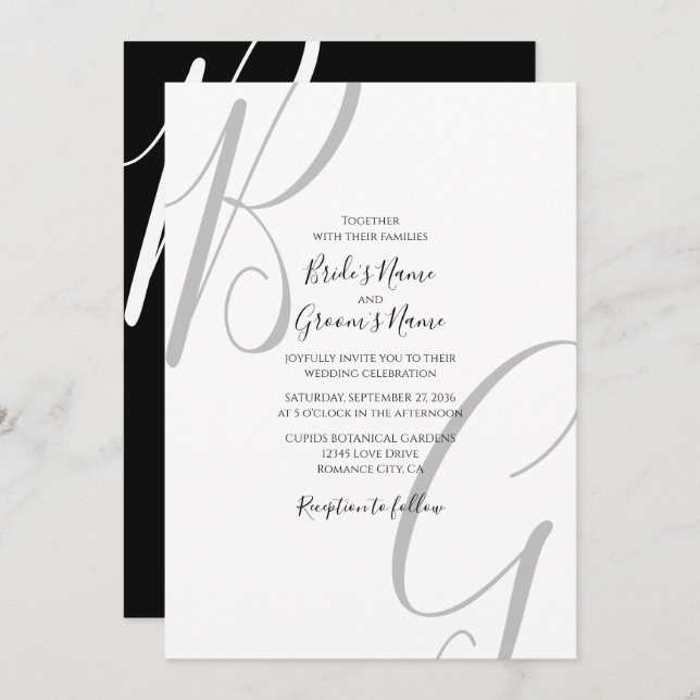 Black & White Monogram Initials Wedding Invitation (Front/Back)