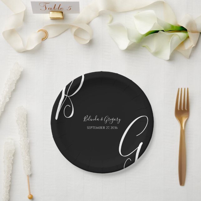 Black & White Monogram Initials Wedding  Paper Plates (Wedding)