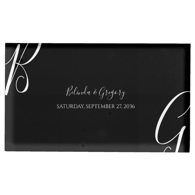 Black White Monogram Initials Wedding Table Number Place Card Holder (Front)