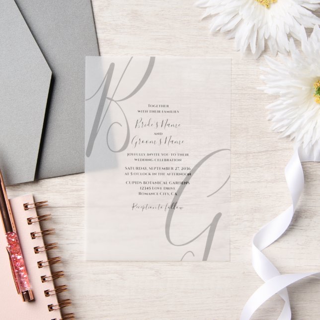 Black & White Monogram Initials Wedding Vellum Invitations (Wedding)