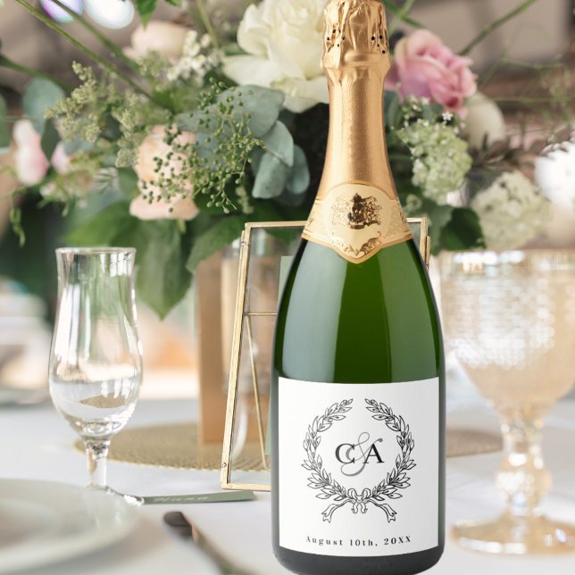 Black white monogram initials wreath wedding sparkling wine label (Creator Uploaded)