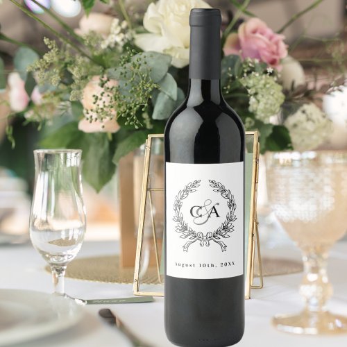 Black white monogram initials wreath wedding wine label