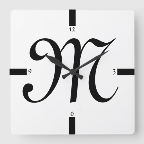 Black White Monogram  Minimal Conceptual Square Wall Clock