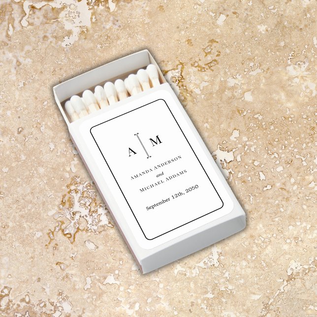 Black White Monogram Minimal Simple Border Wedding Matchboxes (Creator Uploaded)