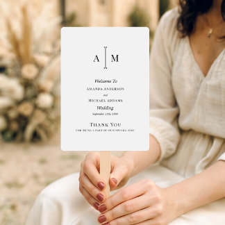  Black White Monogram Minimal Wedding Program  Hand Fan