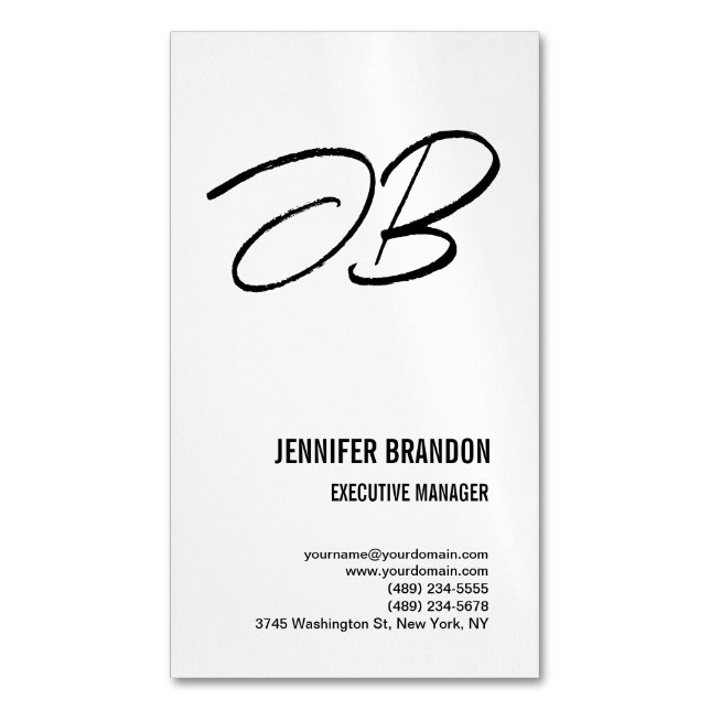 Black White Monogram Minimalist Modern Plain Business Card Magnet (Front Vertical)