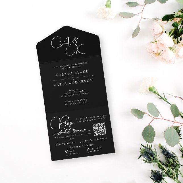 Black & White Monogram Minimalist QR Code RSVP All In One Invitation (Creator Uploaded)