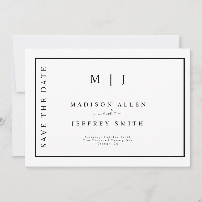Black White Monogram Minimalist Save The Date Announcement (Front)