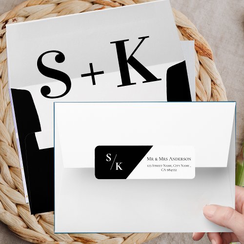 Black White Monogram Minimalist Wedding Address  Label