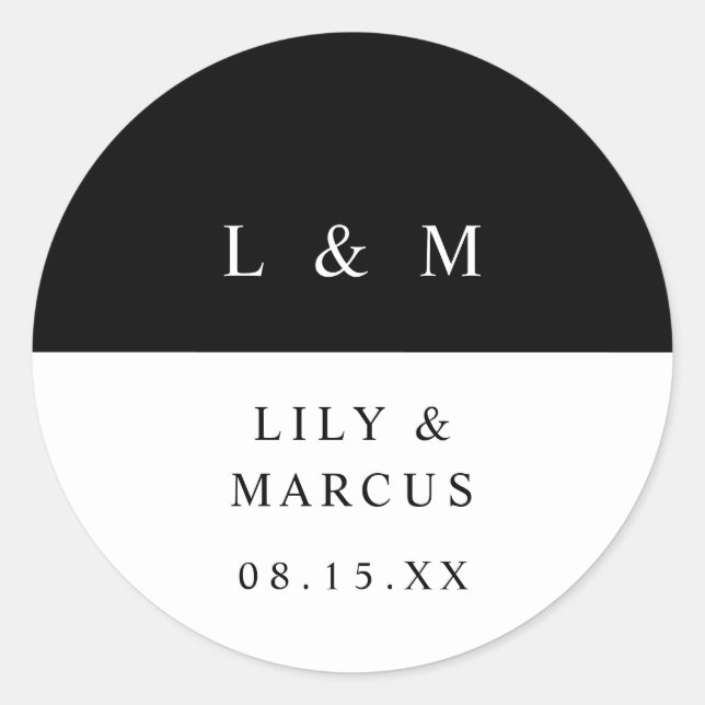 Black & White Monogram Minimalist Wedding Favor Classic Round Sticker (Front)