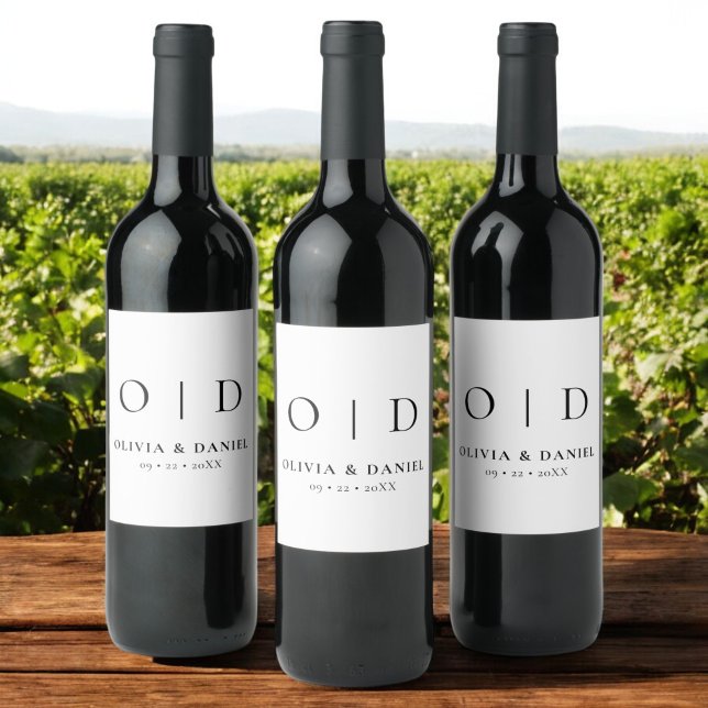 Black White Monogram Minimalist Wedding  Wine Label (Creator Uploaded)