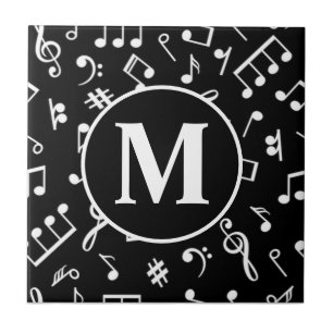 Black & White Monogram Music Note Ceramic Tile