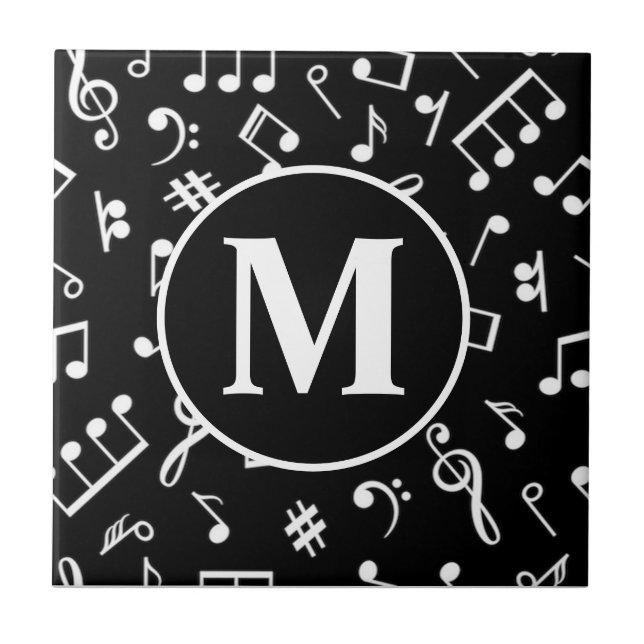 Black & White Monogram Music Note Ceramic Tile (Front)