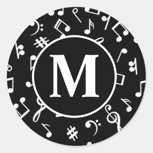 Black  White Monogram Music Note  Classic Round Sticker