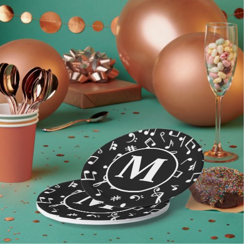 Black  White Monogram Music Note Paper Plates