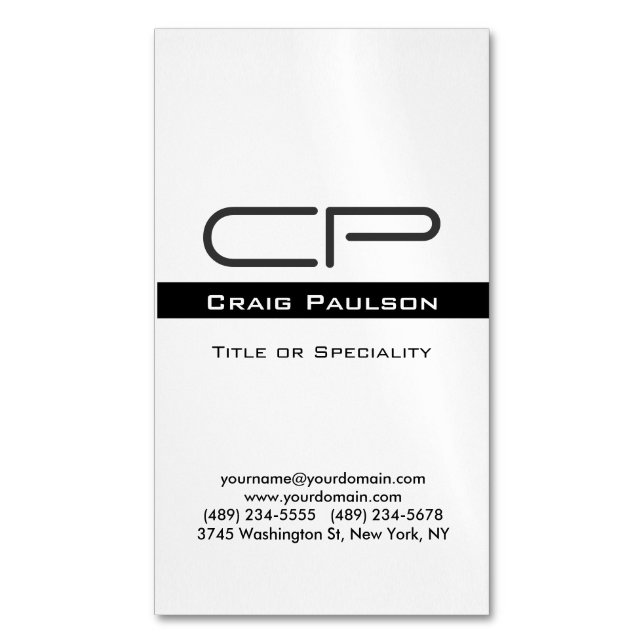 Black White Monogram Name Address Details Business Card Magnet (Front Vertical)