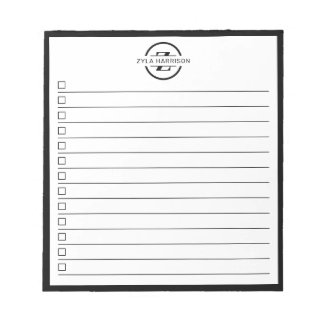 Black White Monogram Name Checklist 5.5" x 6" Notepad