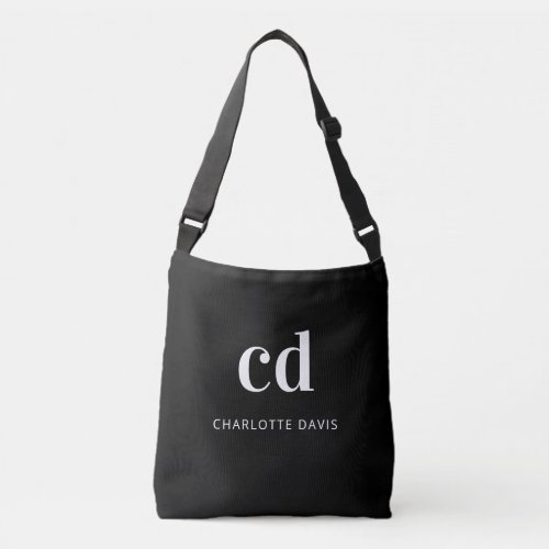 Black white monogram name elegant modern crossbody bag