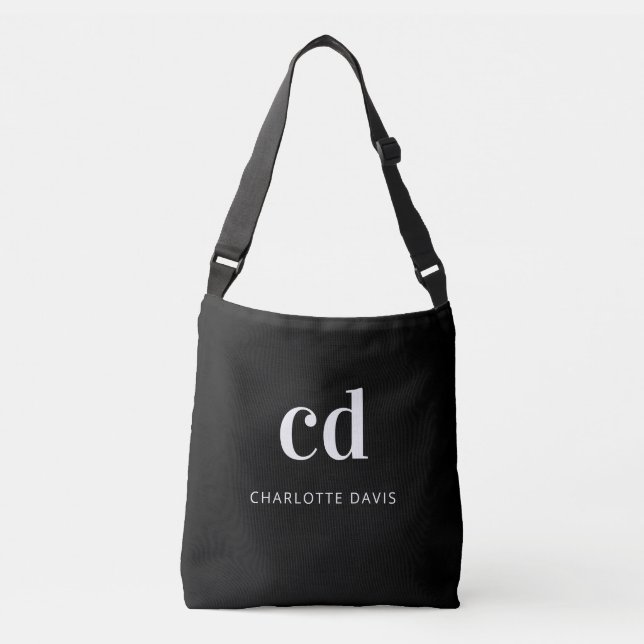 Black white monogram name elegant modern crossbody bag (Front)