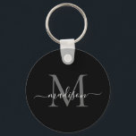 Black White Monogram Name Elegant Modern Script Keychain<br><div class="desc">Simple Black White Monogram Elegant Modern Script Keychain</div>