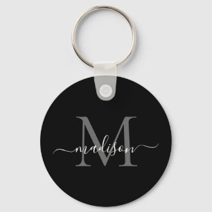 Black White Monogram Name Elegant Modern Script Keychain
