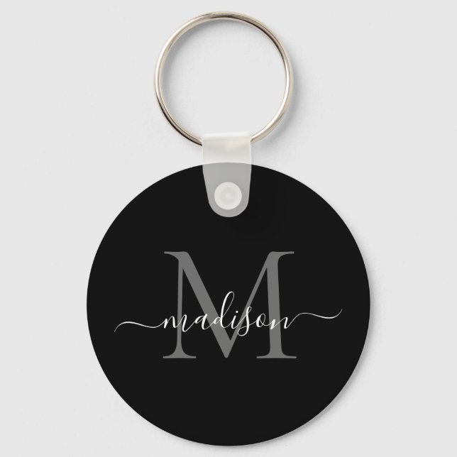 Black White Monogram Name Elegant Modern Script Keychain (Front)