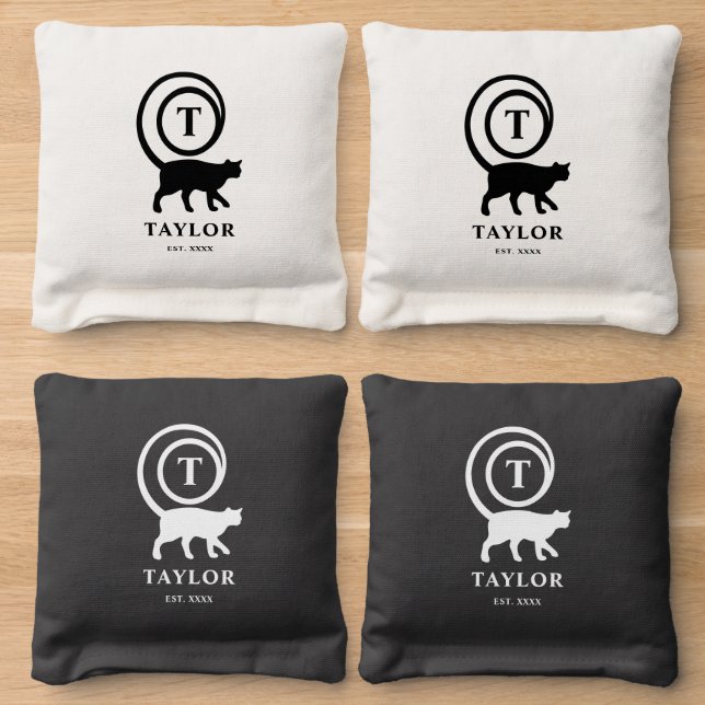 Black White Monogram Name Initial Kitty Cat Lover Cornhole Bags (Wood)