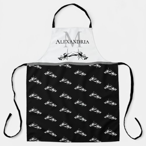 Black White Monogram Name Lobster Pattern Apron