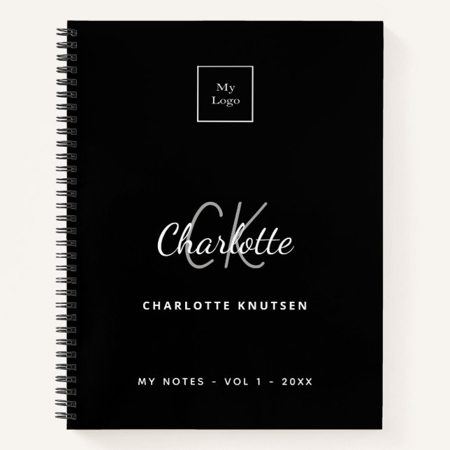 Black white monogram name logo business notebook (Front)