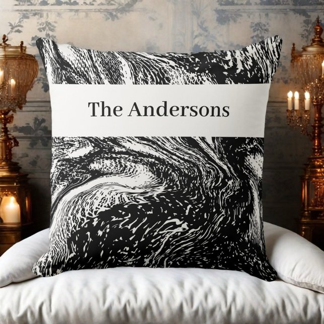 Black white monogram name marble abstract line art throw pillow (Creator Uploaded)