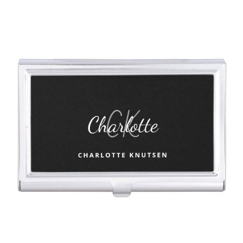 Black white monogram name minimalist business card case