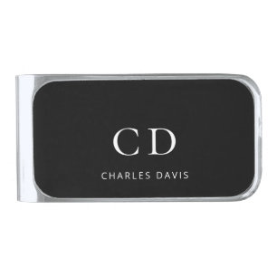 Black white monogram name minimalist silver finish money clip