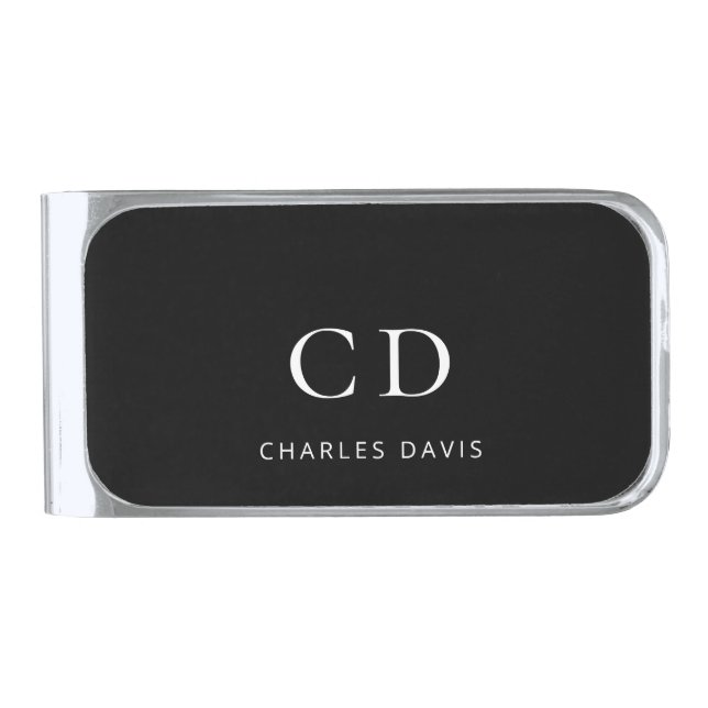 Black white monogram name minimalist silver finish money clip (Front)
