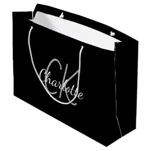 Black white monogram name modern elegant large gift bag