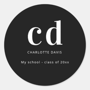 Black white monogram name modern minimalist classic round sticker