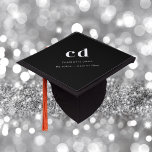Black white monogram name modern minimalist graduation cap topper<br><div class="desc">A classic black background.  White colored text. Personalize and add your monogram initials,  your name,  school name and year.  For both him and her.</div>
