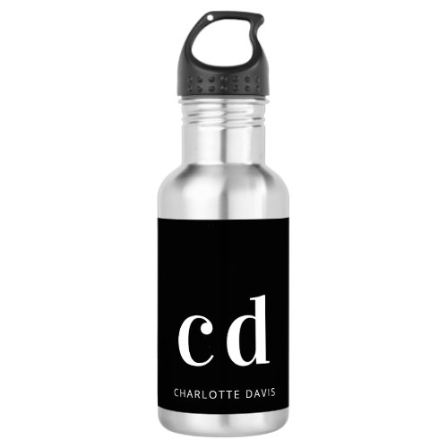 Black white monogram name modern minimalist stainless steel water bottle