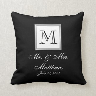 Black White Monogram Names Wedding Keepsake Pillow