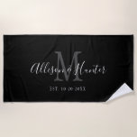 Black White Monogram Newlywed Wedding Personalized Beach Towel<br><div class="desc">Off to the honeymoon with this Black White Monogram Newlywed Wedding Personalized Beach Towel. This is a modern customizable design in black, white and grey. Bride and groom's first names are on the center in modern white handwriting script lettering and initial of new last name is in grey. Established date...</div>