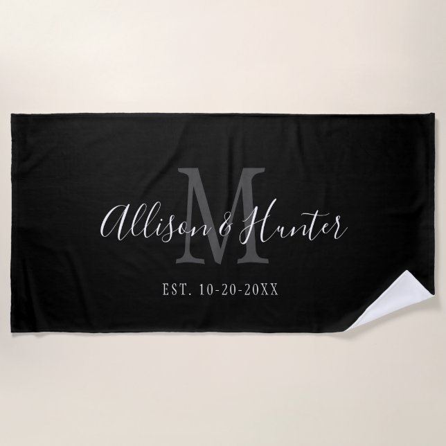 Black White Monogram Newlywed Wedding Personalized Beach Towel (Front)