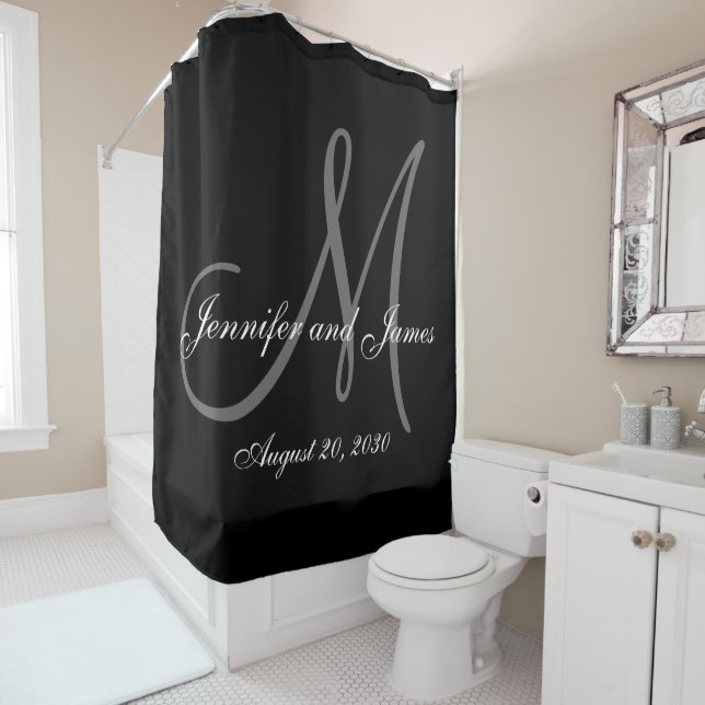Black White Monogram Newlyweds Names Wedding Shower Curtain (In Situ)