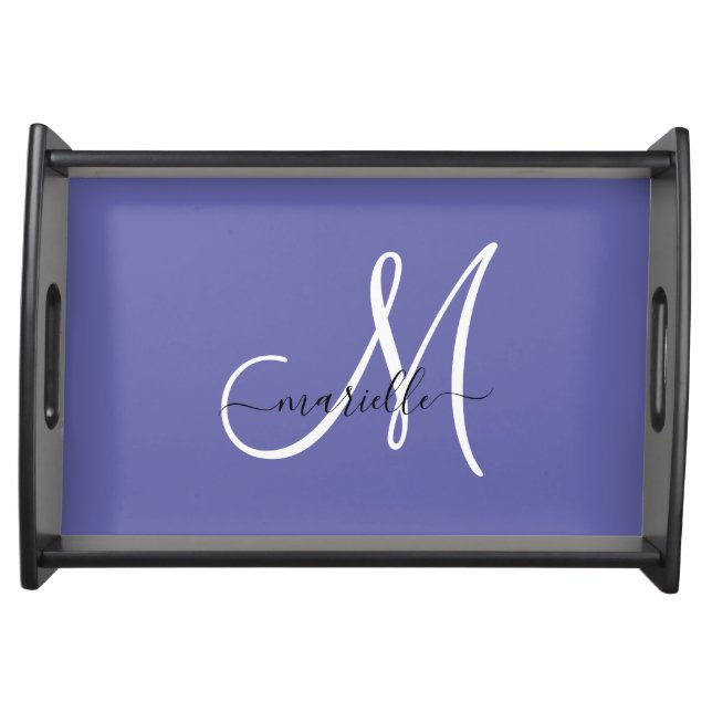 Black White Monogram Periwinkle  Serving Tray (Front)