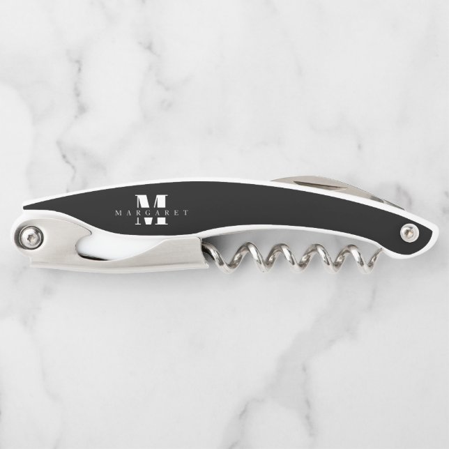 Black & White Monogram Personalized Corkscrew (Front)