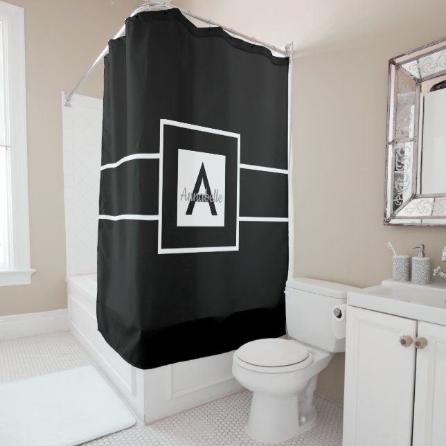 Black White Monogram Personalized Shower Curtain (In Situ)