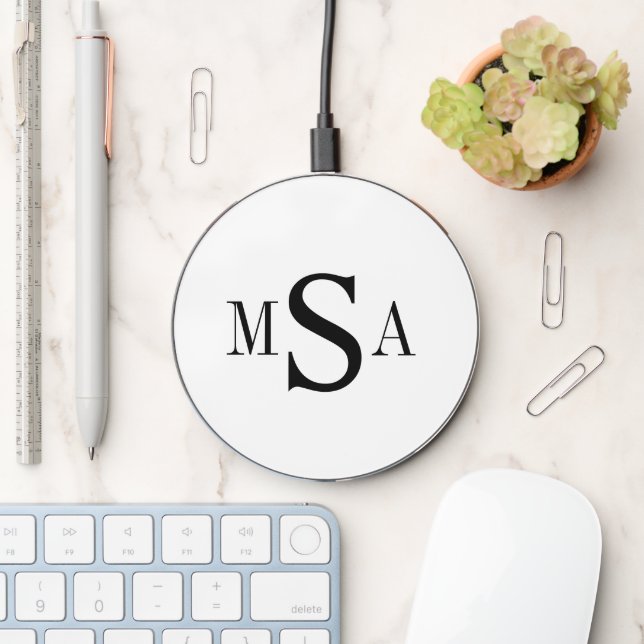 Black White Monogram Personalized Wireless Charger (Desk)