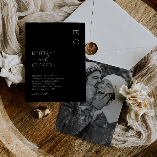 Black White Monogram Photo Wedding Invitation