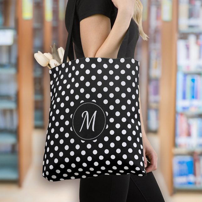 Black White Monogram Polka Dots Tote Bag (Creator Uploaded)
