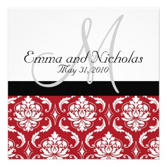 Black White Monogram Red Damask Wedding Invite