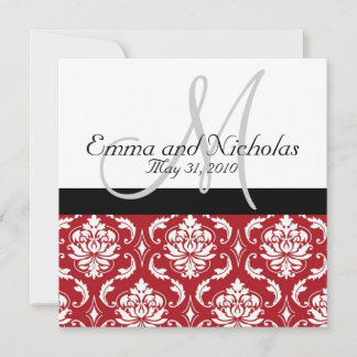 Black White Monogram Red Damask Wedding Invite