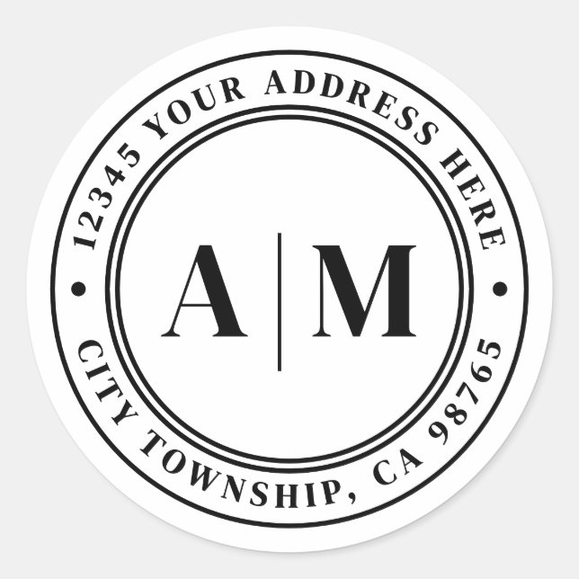 Black White Monogram Return Address Classic Round Sticker (Front)
